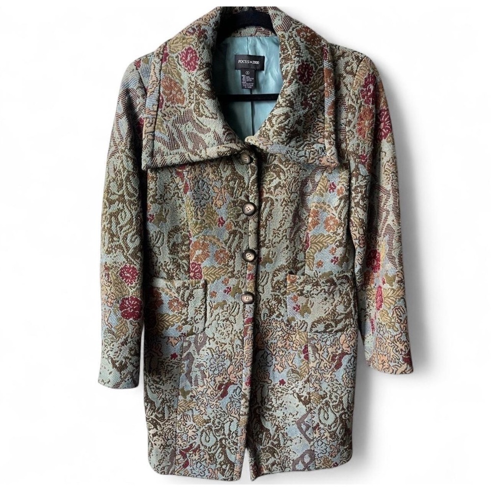 Focus 2000 Vintage Boho Floral Tapestry Brocade Coat Teal Wool Blend cottagcore